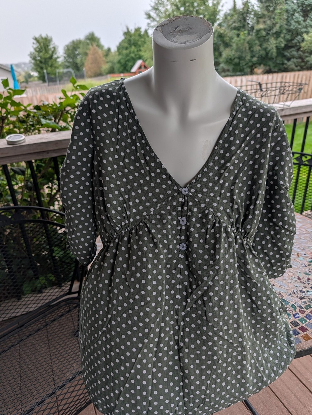 Suzanne Betro Olive Green White Polka Dot V-Neck Button Top